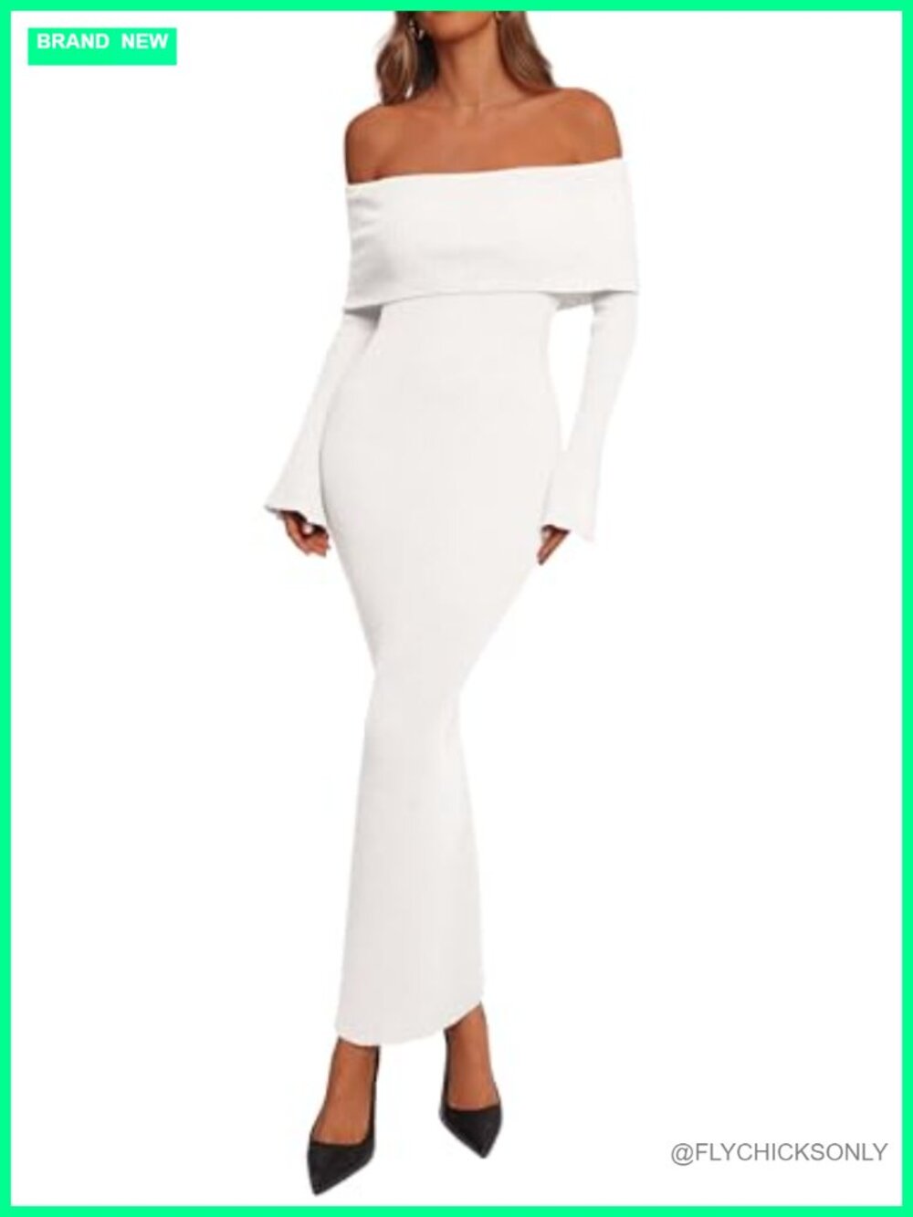 Off The Shoulder Bodycon Maxi Sweater Dress Long Bell Sleeve Ribbed Knit